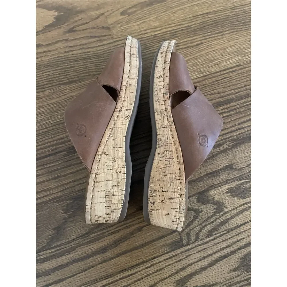 Born Leather Wedge Sandals Womens 9/40.5 Brown Criss Cross Slip On Comfort Sole